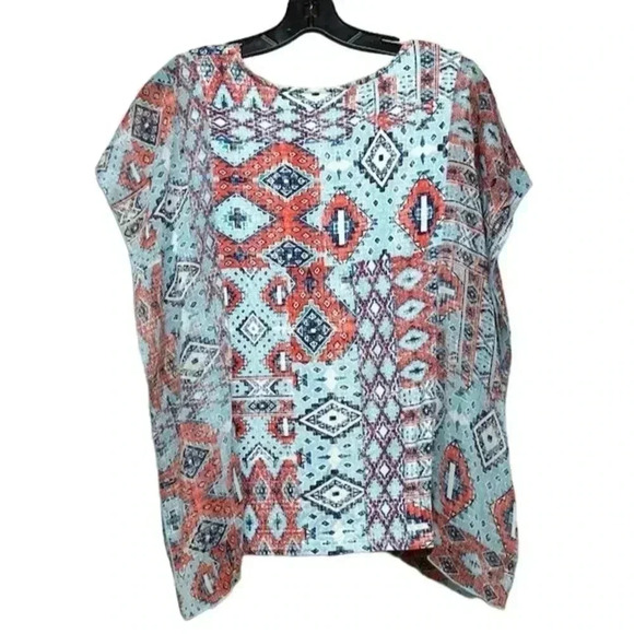 Ruby Rd. Women's Embellished V-Neck Blouse Batwing Sleeves Geometric Multicolor - Picture 2 of 3